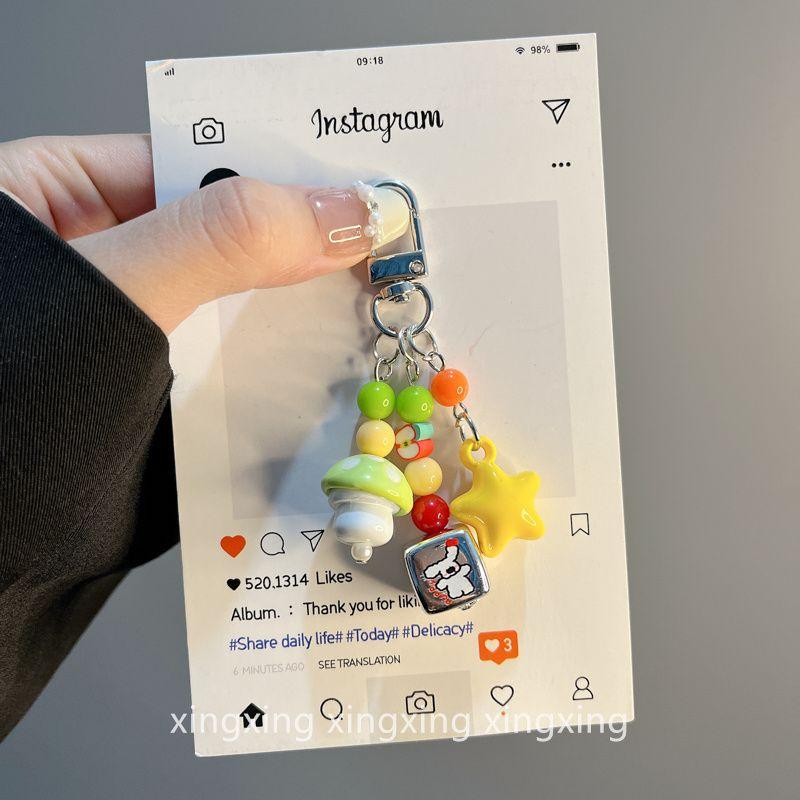 

Cute Mushroom Apple Cartoon Little Character AirPods Earphone Case Chain Mobile Phone Charm Keychain Bag Ornaments Stars Green Mushroom