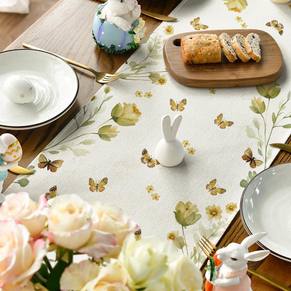 Osterhase Eier Schmetterling Floral Leinen Tischläufer Feiertagsparty Deko Frühling Küche Esstisch Läufer Osterdekorationen