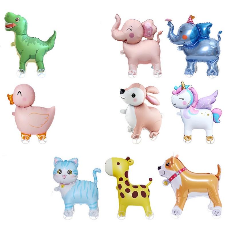 4D Dinosaur Dog Cat Standing Foil Balloons Animals Walking Balloon with Wheel for Kids Birthday Party Decoration Baby Shower