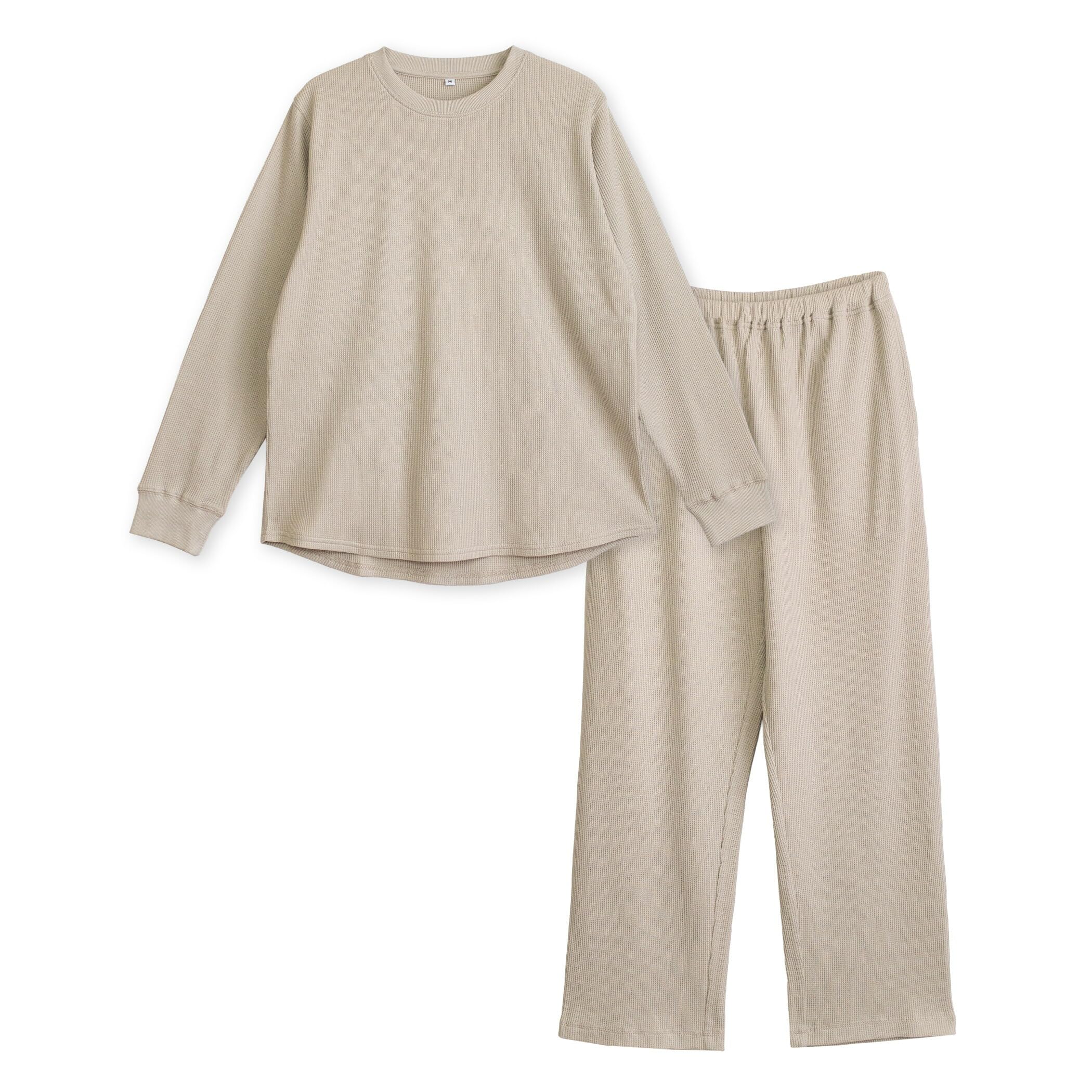 

Cotton Waffle Pajama Soft and Long Solid All Year Size M Women s 100% Set, Comfortable, Sleeves, Color, Breathable, Spring, Autumn, Round, Beige, бежевый