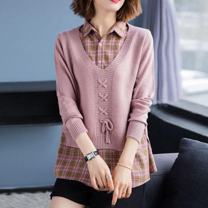 New Spring and Autumn Fashion Korean Edition Spliced Fake Two Piece Shirt Collar Top Loose and Versatile Women's Knitted Sweater