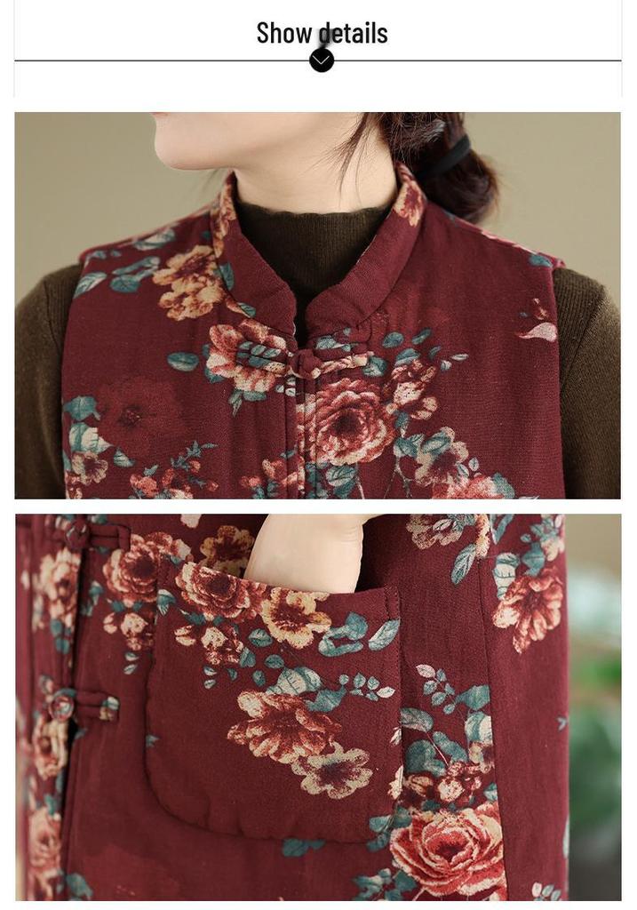 Retro Chinese Stand Collar Frog Button Printed Padded Vest - Winter 2026 Mid-Length Sleeveless Design