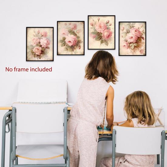 laveliabel Vintage Pink Rose Wall Art Prints Set of 4 Unframed, Floral Wall Decor, Shabby Chic Pink Floral Botanical Poster Prints for Cottagecore