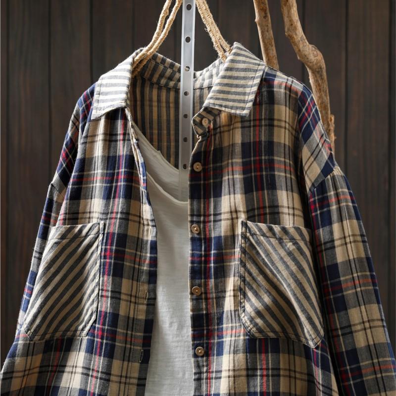 Johnature Women Vintage Plaid Shirts Patchwork Color Turn-down Collar Long Sleeve Button Pockets Blouses Spring Autumn Shirts