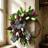 Tulip Wreath for Front Door Spring Artificial Tulip Rattan Wreath with Green Leaves And Plaid Bow for Farmhouse Wall Window Easter Home Decor