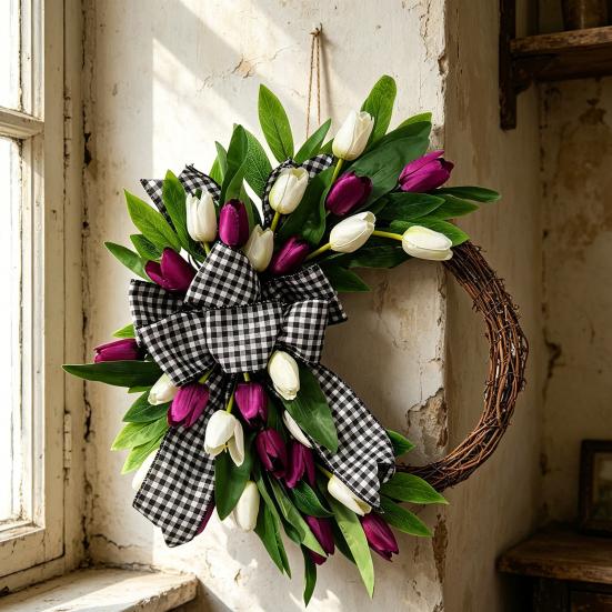 Tulip Wreath for Front Door Spring Artificial Tulip Rattan Wreath with Green Leaves And Plaid Bow for Farmhouse Wall Window Easter Home Decor