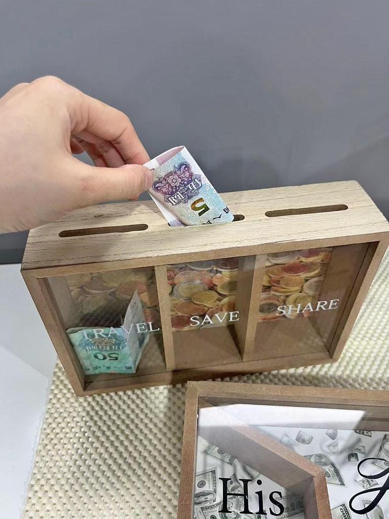 Detachable Wooden Money Saving Box with Three Compartments for Travel and Honeymoon, Wall-Mountable Storage Solution