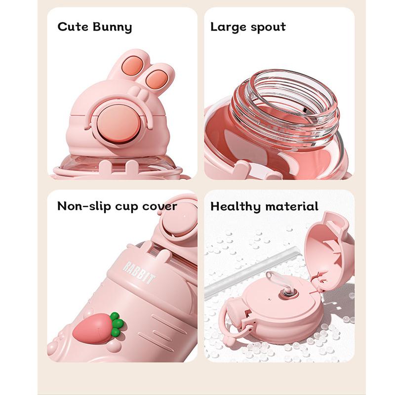 600ML Cartoon Bunny Kids Water Bottle With Straw Children Plastic Cup Lightweight Anti-falling Leakproof Drinking Bottle Drinkware