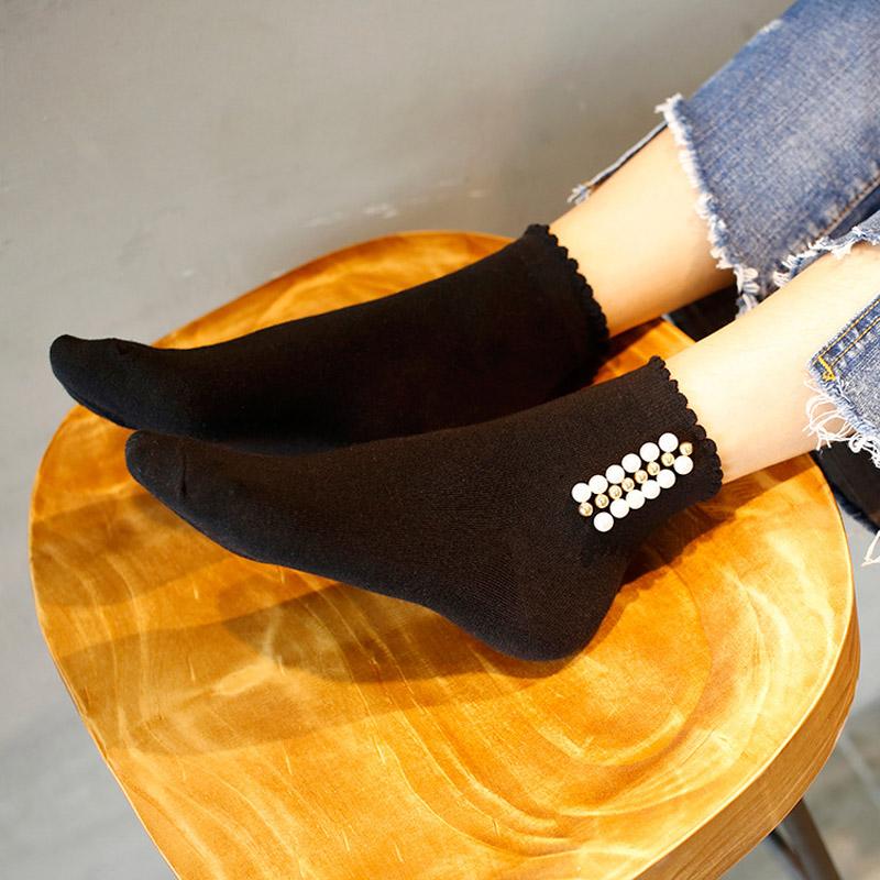 Black/White Korean Reto Pearl Socks Women Elastic Cotton Handmade Meias Creative Socks Harajuku Calcetines Mujer