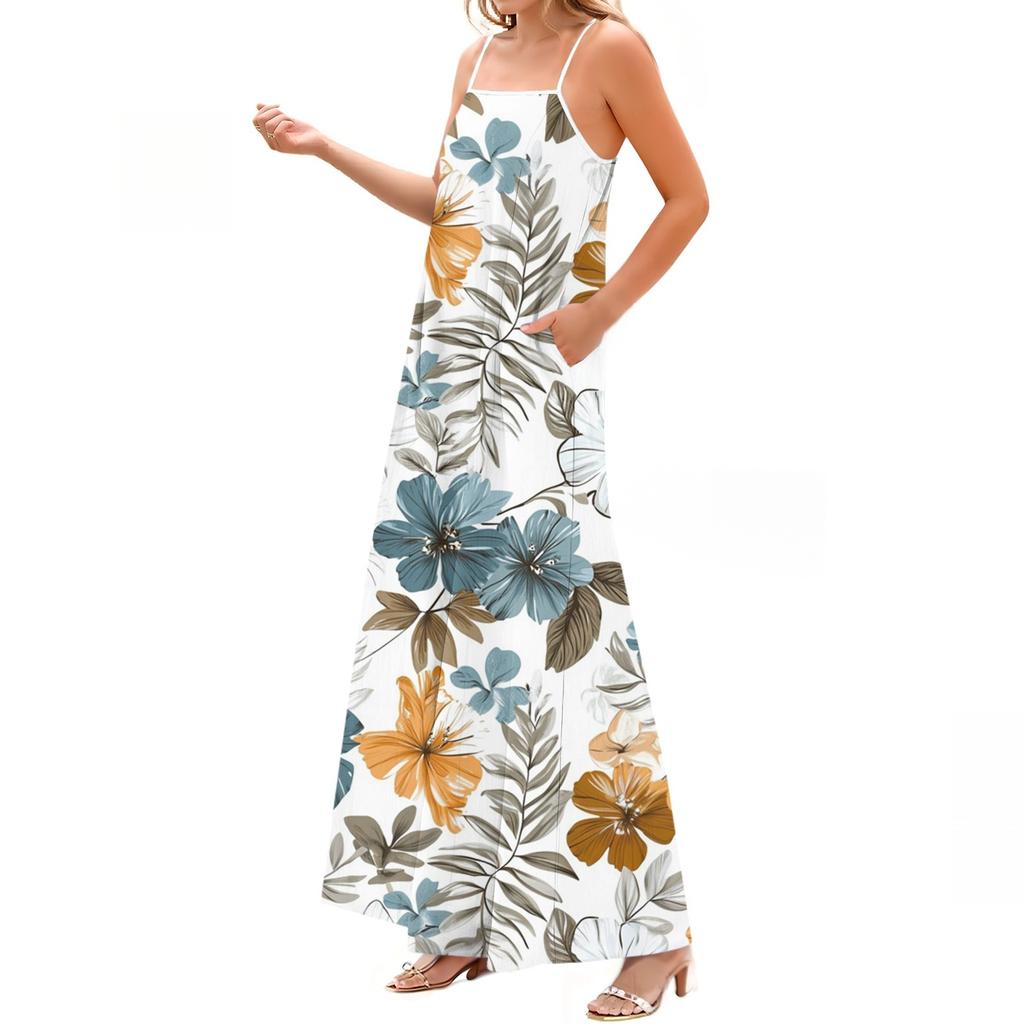 Women's Spring And Summer Casual Fashion Adjustable Suspenders Printed Long Dress