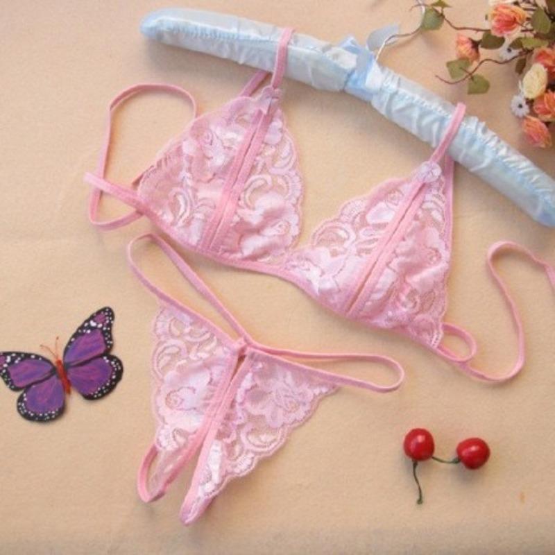Women's Open-file Sexy Lace Transparent, Three-point Erotic Underwear Open-crotch Panties Seduction Set
