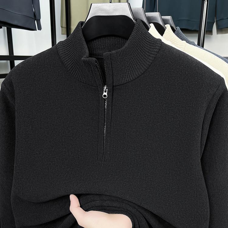 

Men s Fleece-Lined Thickened Winter Half-Zip Sweater - Versatile Solid Color Knitted Base Layer M чорний