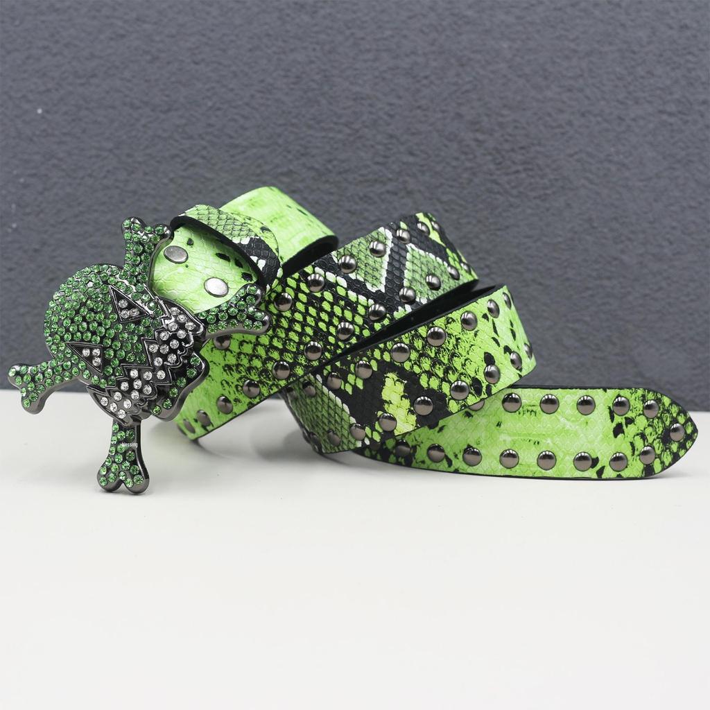 Unisex Y2K Rhinestone Skull Punk Belt with Rivet and Python Skin Design