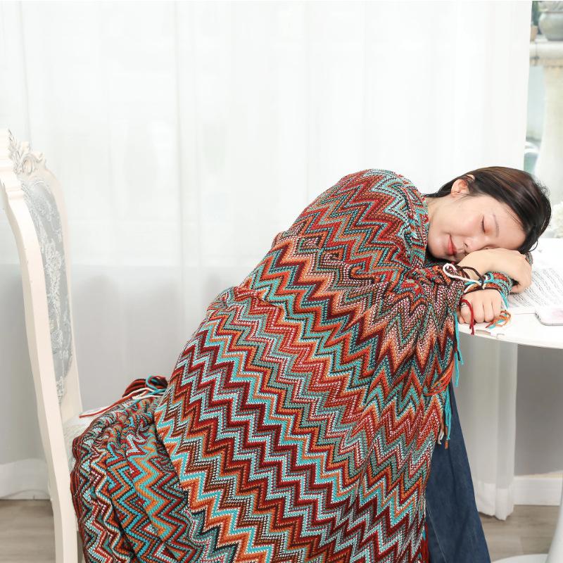Boho Knitted Fringe Throw Blanket Colorful Chevron Pattern Cozy Soft Tassel Blanket For Sofa Bed Office Travel