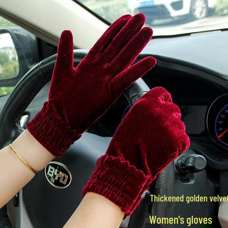 Women's Gold Velvet Etiquette Gloves - Knitted Warm Five-Finger Design for Autumn and Winter