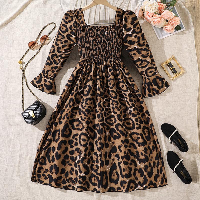 Sukienka Dziewczęca, Jesienna Moda Dziecięca, Elegancka Sukienka z Długim Rękawem w Panterkę