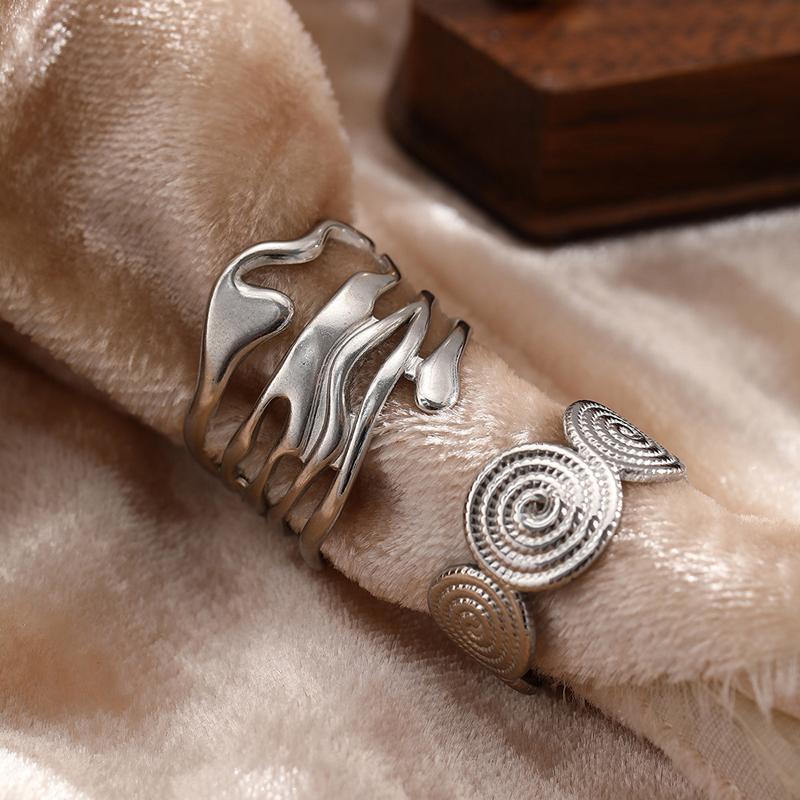 Hip-Hop Stainless Steel Circular Threaded Ring Set for Women Personality Irregular Metal Lava Line Index Finger Rings Jewelry