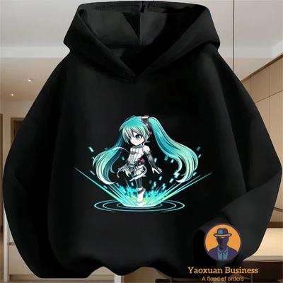 Elegant Miku Boys and Girls Hooded Sweatshirts with Cute Cartoon Prints, Warm and Windproof, Elegant In Autumn and Winter