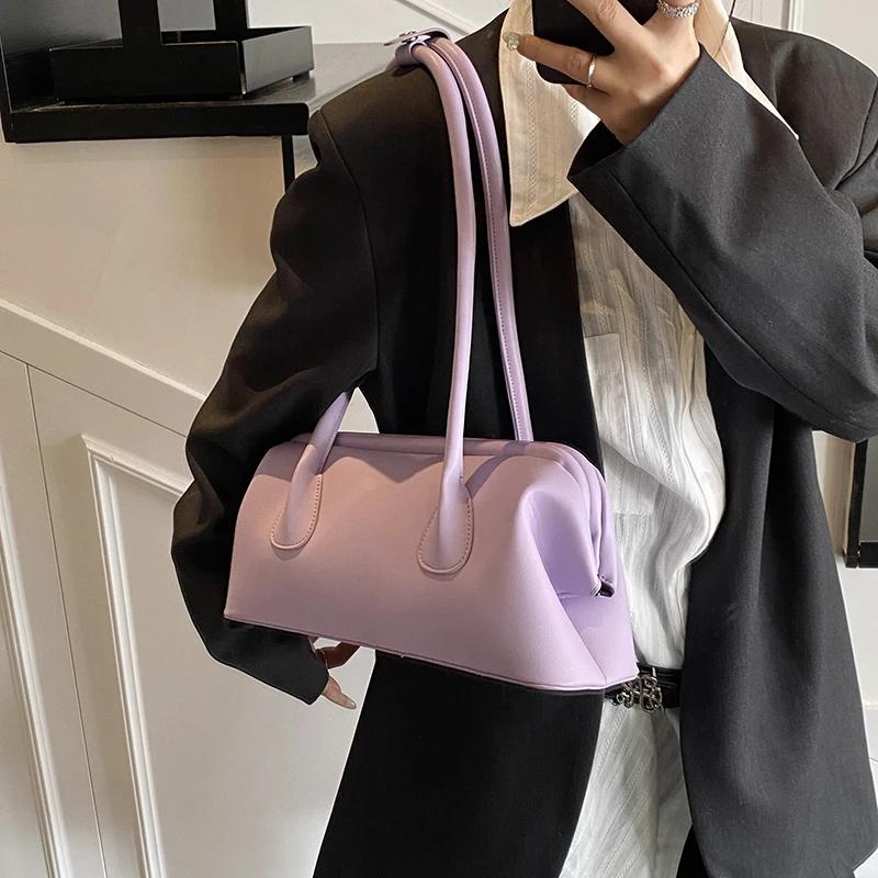 Solid Color PU Leather Underarm Bags For Women 2025 Spring Korean Fashion Retro Simple Shoulder Bag Lady Handbags And Purses