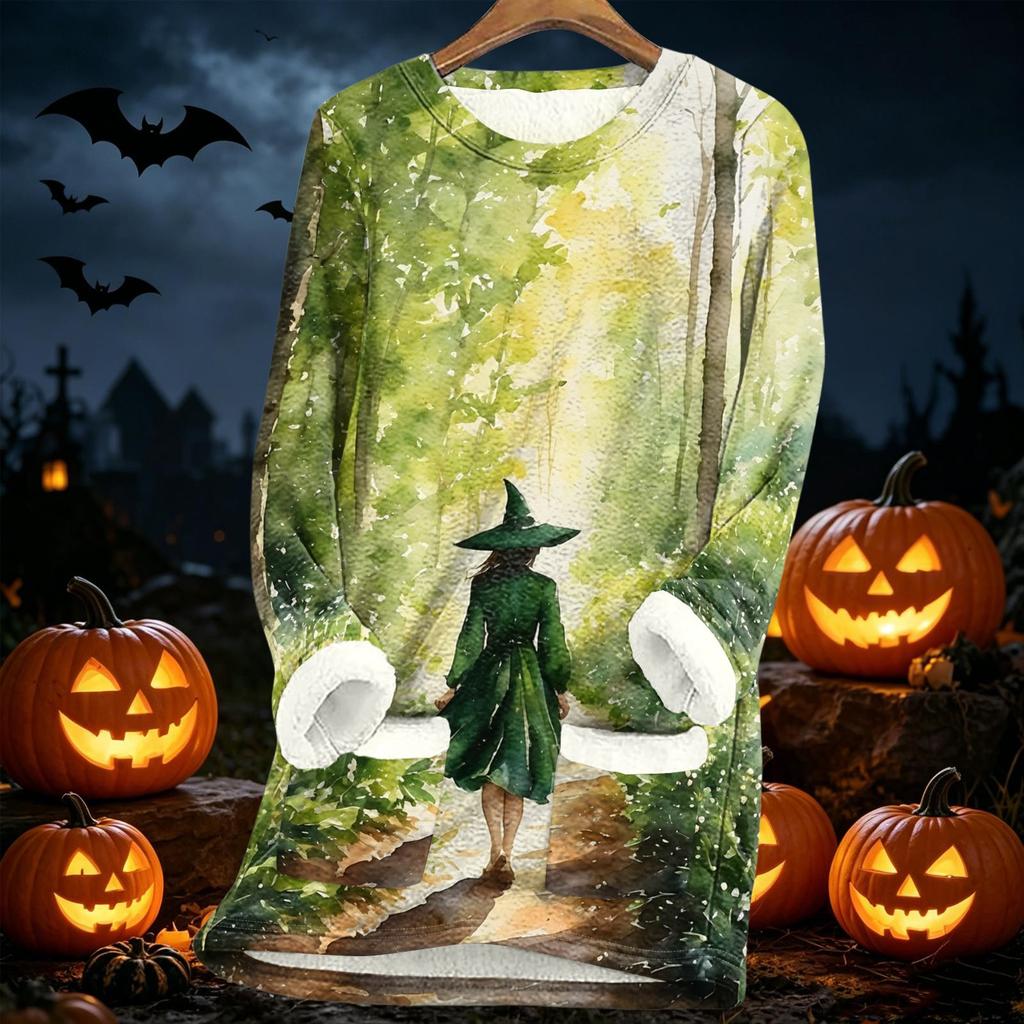 Women's Halloween Print -Lined Long Jacket for Fall and Winter Warmth