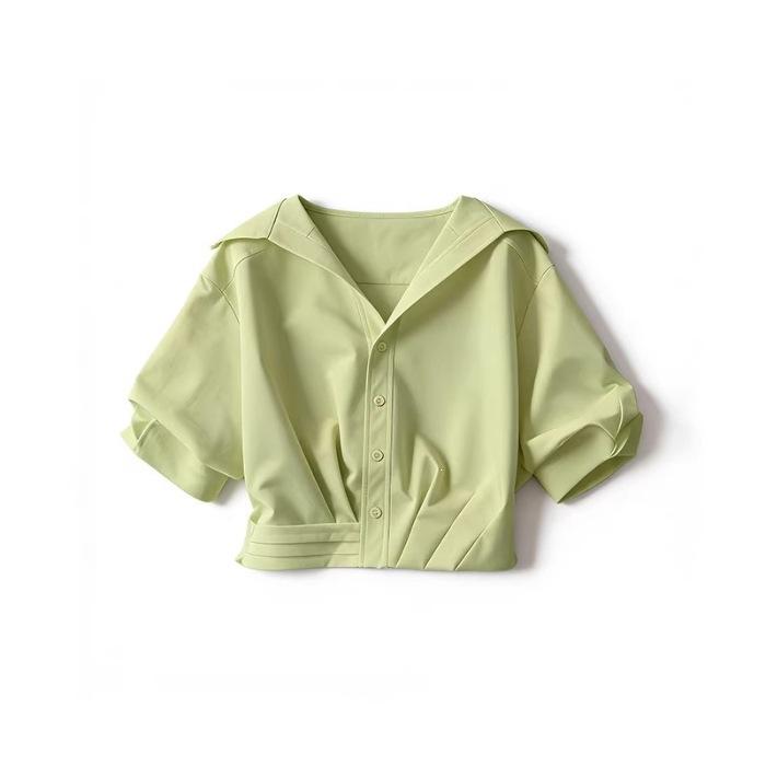 Large size simple solid color bubble sleeve lapel short shirt women s summer new thin age-reducing versatile top S трава зеленый