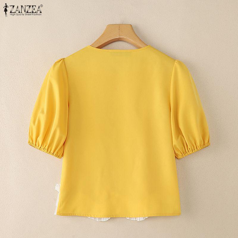 ZANZEA Women Casual V-Neck Summer Short Sleeve Splice Blouse