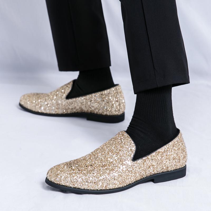 Fashion Luxury New Designer New Men's Gold Silver Glitter Sequin Slip On Casual Shoes Formal Wedding Dress Homecoming Loafers Zapatos