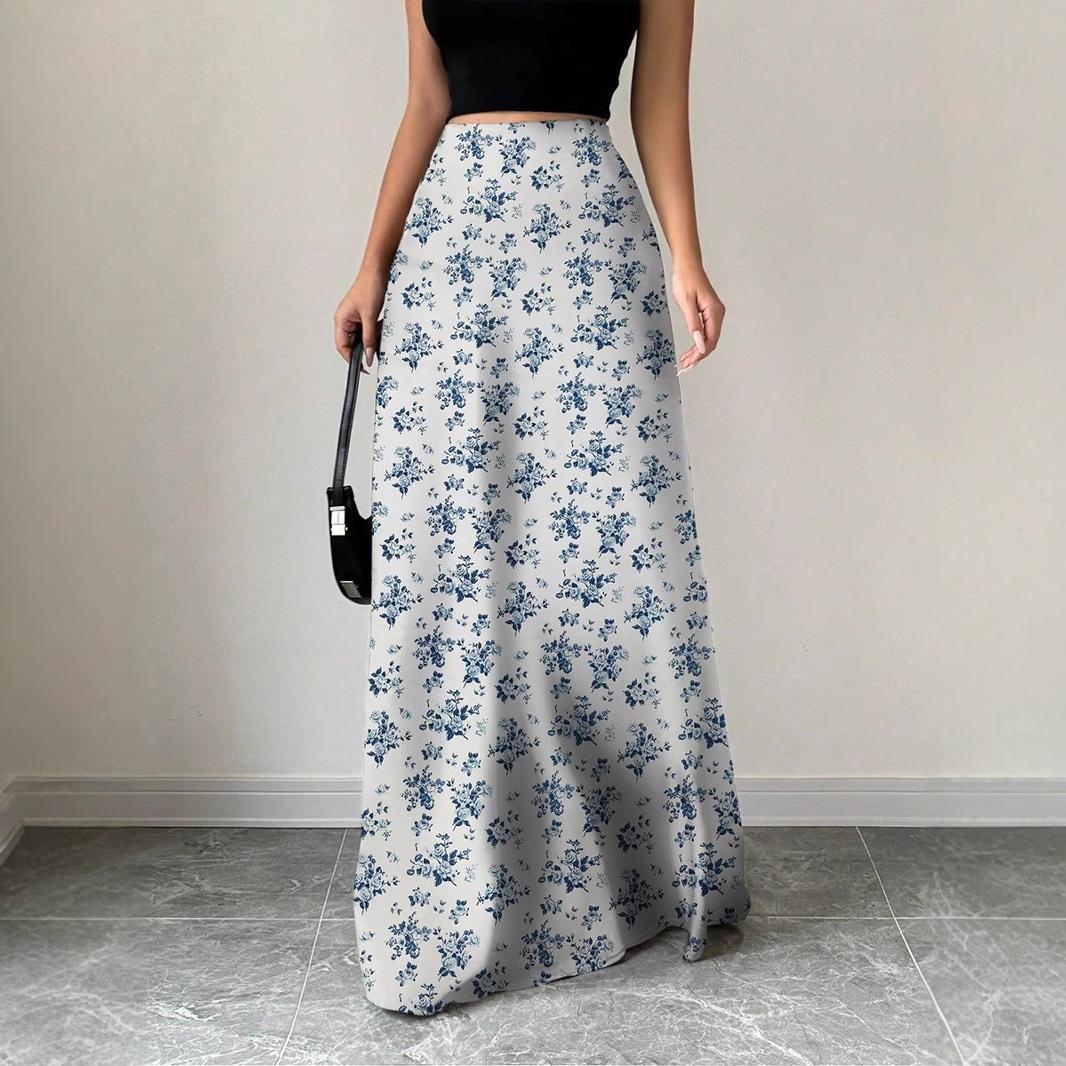 Women Leopard Print High Waist Satin Mermaid Maxi Skirt S синий