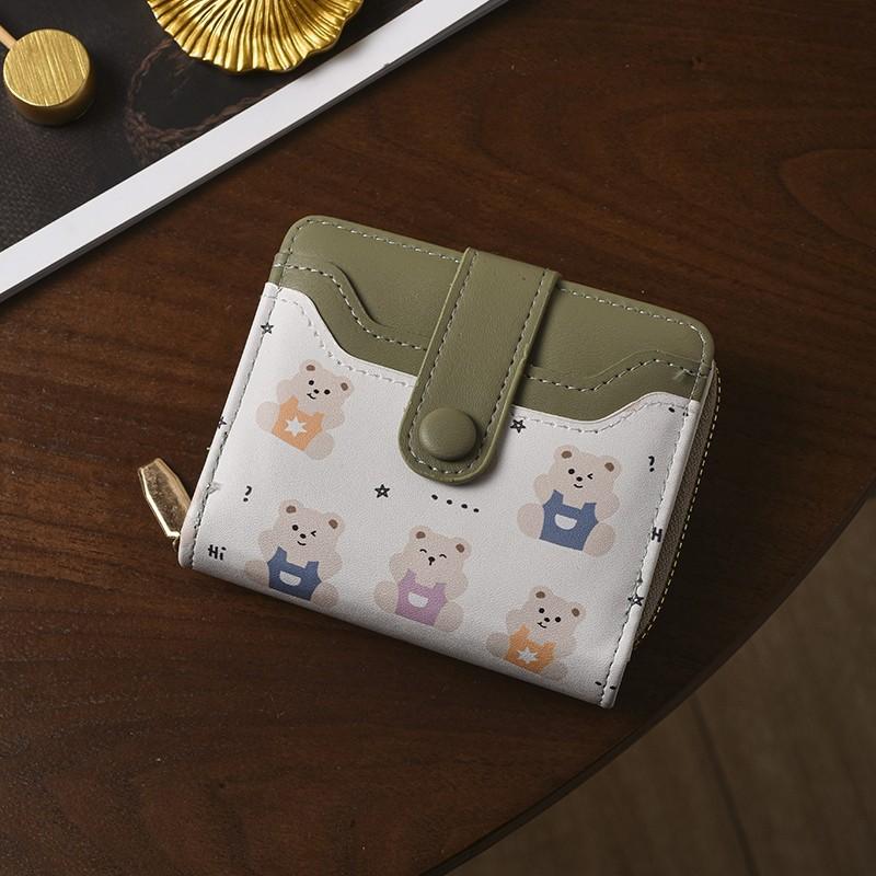 Cute Bear Print Women Wallet Short Zipper Coin Purse PU Leather Bifold Wallet Card Holder Small Clutch Wallet for Girls