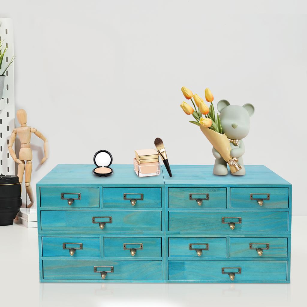 4 Pcs 12 Drawers Desktop Pine Wood Organizer,Blue/Black/Brown Rectangular Desktop Organizer 69*27*30cm for Bedrooms,Offices