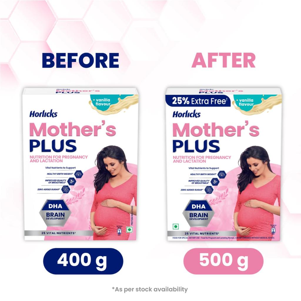 Mother's Horlicks Plus Vanilla Health Drink 500 g Refill Pack Protein Nutrition For Pregnancy