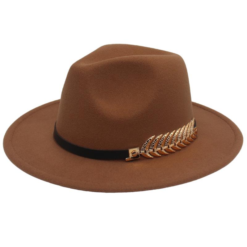 Top Hat Men'S Golden Fishbone Women'S Woolen Jazz Hat Big Brim Felt Hat Retro Hat
