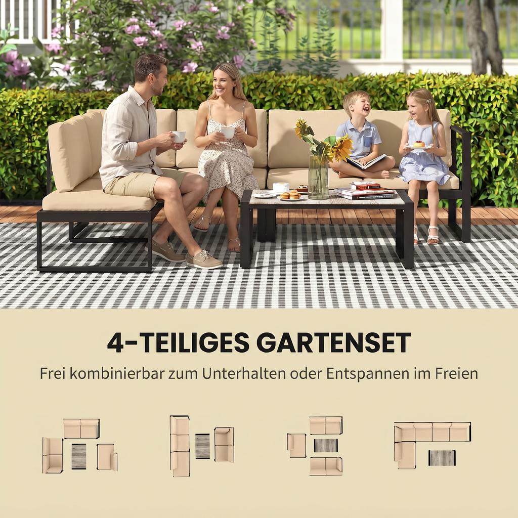 4-Piece Garden Furniture Set, Sofa Set with 2 Two-Seaters, Armless Chair, Coffee Table, for Balcony, Khaki