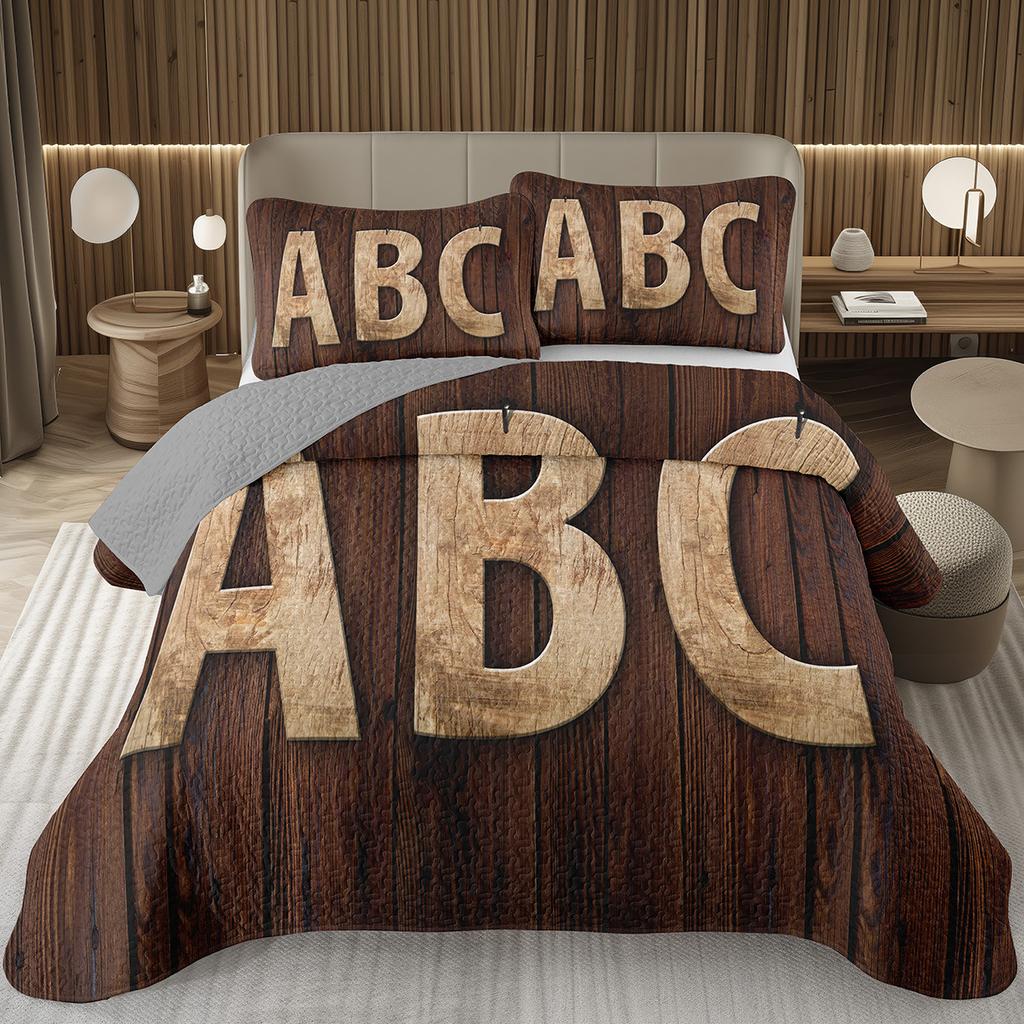 Wood Barn Door Bedspread Queen/Twin Wood Grain Quilted Coverlet Retro Rustic Farmhouse Bedding Set Reversible Grey Quilt Set