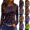 Women's Fashion Long Sleeve Top Halloween Print Round Neck Pullover Shirt with Split Hem Casual Wear for Autumn and Winter