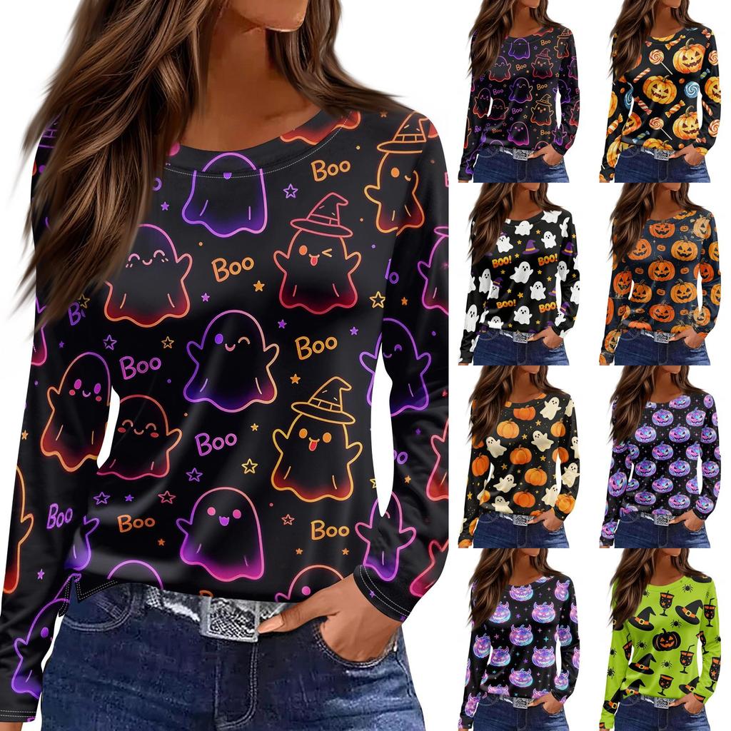 Women's Fashion Long Sleeve Top Halloween Print Round Neck Pullover Shirt with Split Hem Casual Wear for Autumn and Winter