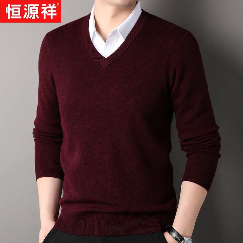 Hengyuanxiang Men s V-Neck Thick Pure Wool Sweater XL (180cm)