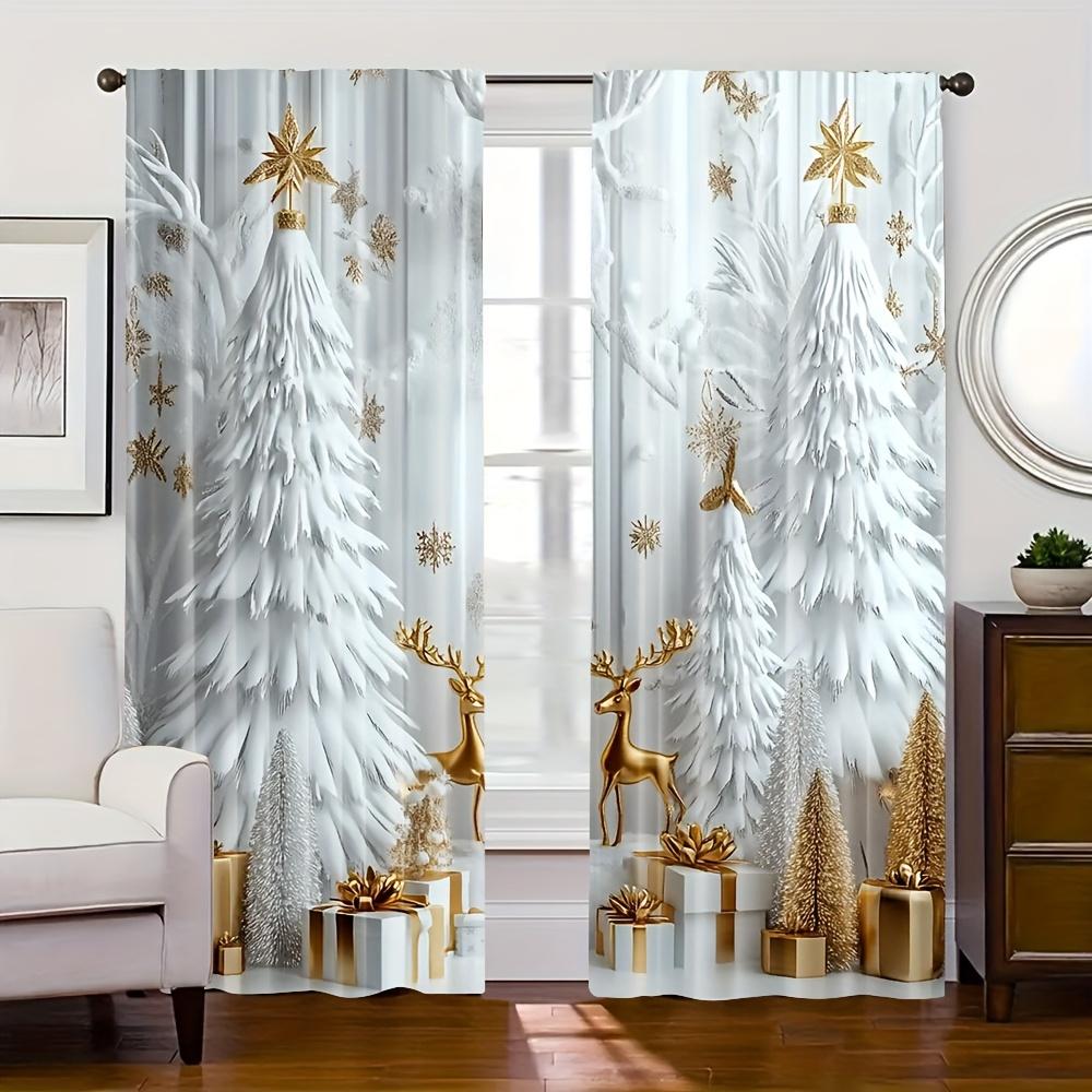 2pcs Holiday Christmas Curtains – Gold Reindeer and Ornament Design   Light-Filtering for Living Room and Bedroom