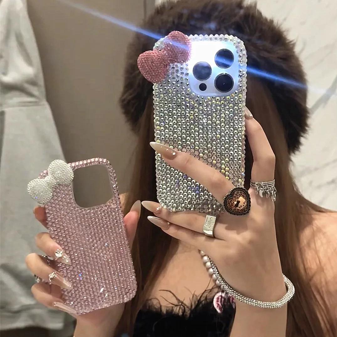 

For IPhone 16 15 14 13 12 11 Pro Max 16 Plus Bow Phone Case Shiny Pink and Silver Bows Protective Jacket For iPhone 13