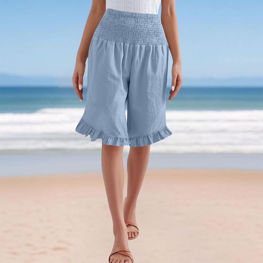 Damen-Shorts, Weiter Bein-Kleid, Lässige High-Waist-Shorts, Sommer-Strand-Dreiviertelhosen