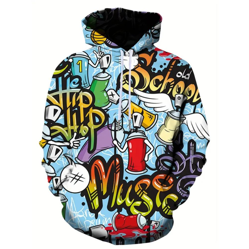 Hanorac Nou pentru Bărbați cu Graffiti Pictat, Imprimeu Flow, Casual, la Modă, Mânecă Lungă, Top Sport, Street, Hanorac cu Model Colorat pentru Bărbați
