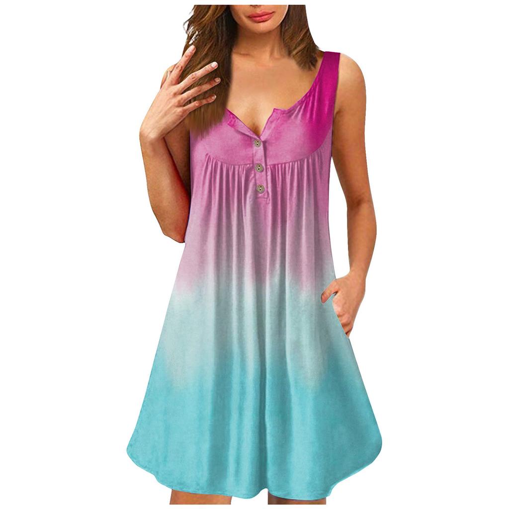 Women's Tank Dress Summer Pleated  Dress Cute Sleeveless Flowy Beach Tunic Tank Dress Button V Neck Dress