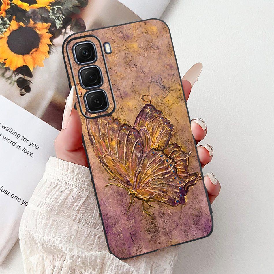 For Infinix Hot 50 4G Phone Case Hot 50 Pro+ 4G Hot50 Pro Elegant Floral Cat Pattern Black Silicone Soft TPU Cases