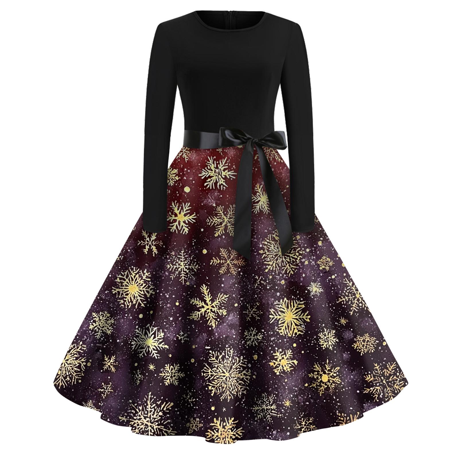 

Рождественский принт расклешенное платье для женщин платье с длинным рукавом полые вечерние повседневные платья XXXXXL