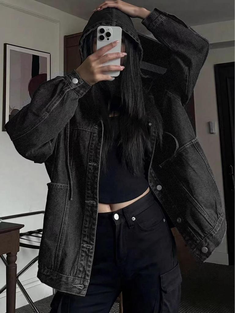 Women's Retro Black Hooded Denim Jacket - Early Spring Fashion for Europe
