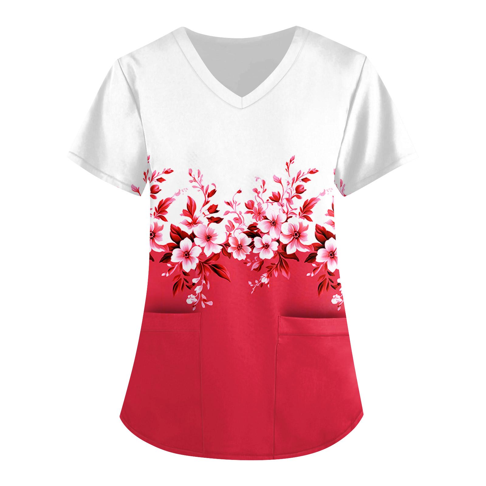 

Жіночий милий принтований робочий одяг, V-подібний виріз, двошарові кишені, базовий пуловер з короткими рукавами, Валентина XXXXL червоний