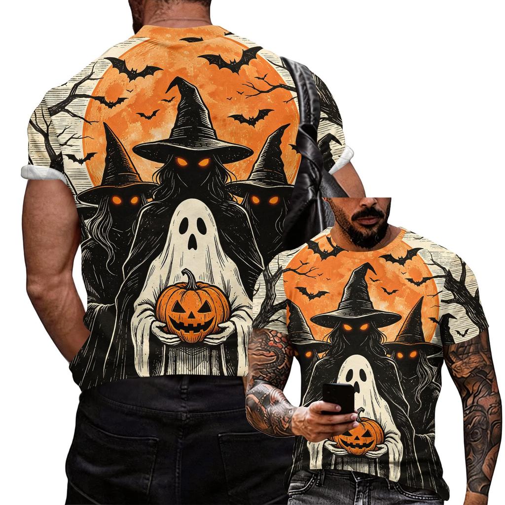 Men's Halloween Graphic T Shirt Loose Fit Casual Short Sleeve Top with Printed Witch and Pumpkin Design for Seasonal Wear