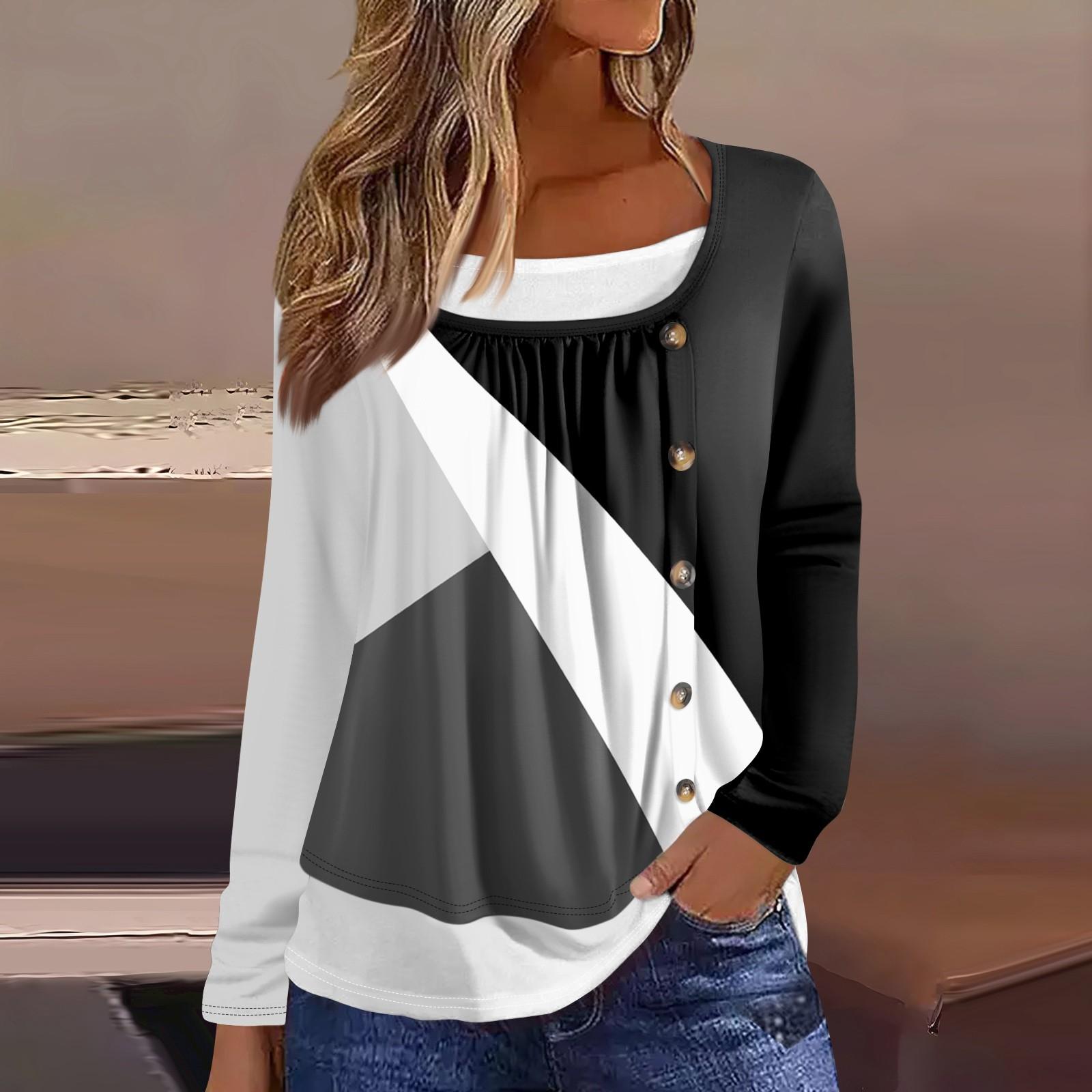 

Женская футболка с принтом, длинный рукав, поддельные две части, повседневная мода на выходные, базовый обычный топ XXL чёрный