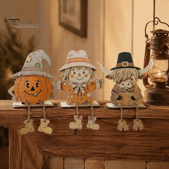 Handgefertigte Holz-Feiertags-Tischdekorationen Halloween Kürbis Vogelscheuche Schottische Hochlandrind-Figuren, Niedliche Hängende Bein-Ornamente, Langlebiges Erntedankfest