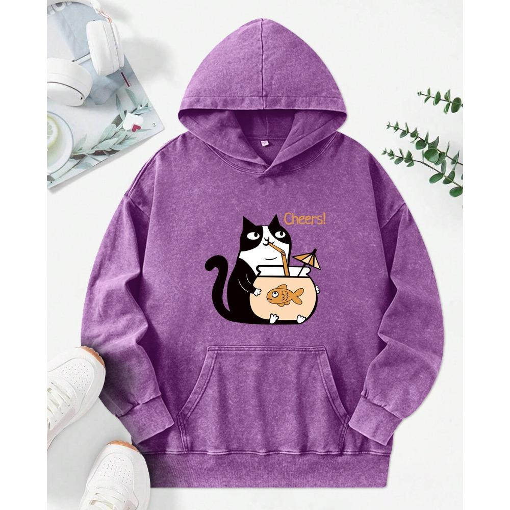 Cats Drinking Fish Soup Print Women Washed Hoody Fashion Cotton Hoodies Autumn Oversized Streetwear Multicolor Hoodie